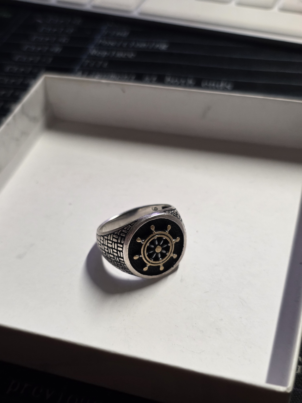 Stampd Black & Gold Nautical Wheel Signet Ring